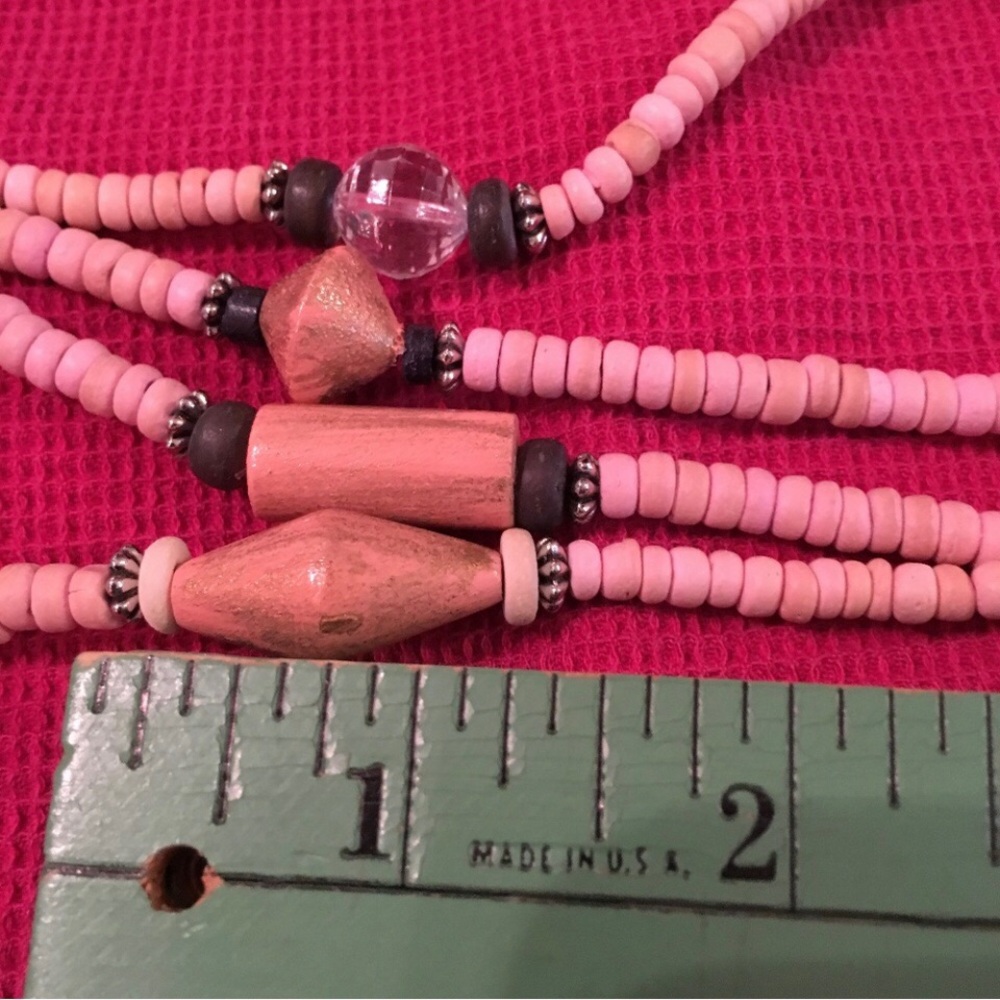 Artisan necklace earrings wood plastic matching set pink 46 inch bundle Vintage - Picture 4 of 8